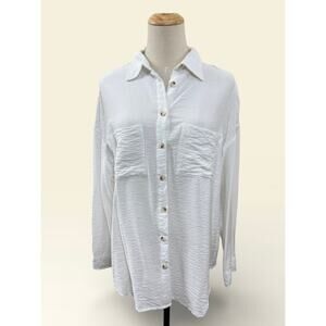 La Miel Boho Oversized Textured White Button-Down with Patch Pockets, Size S